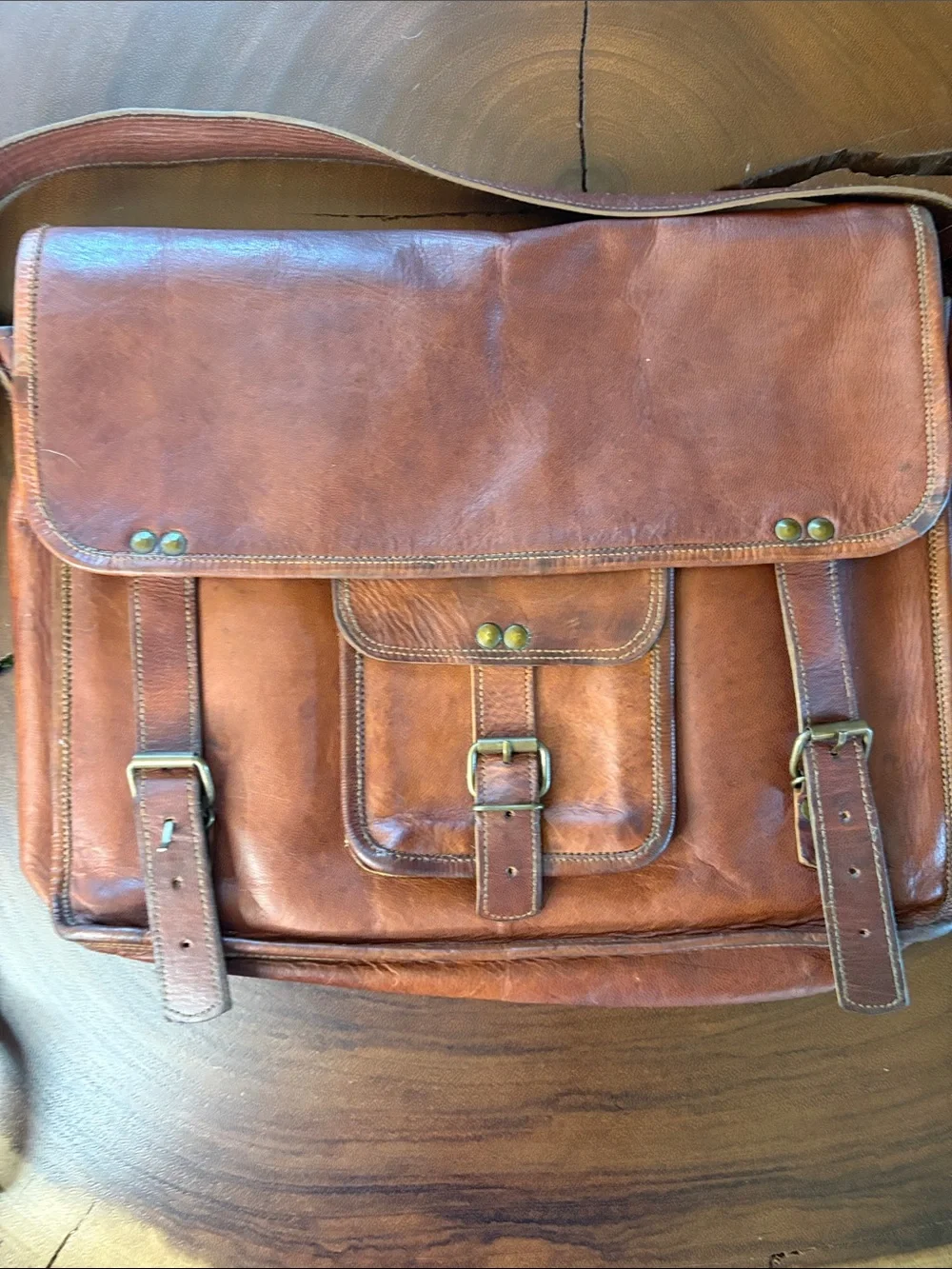 Vintage Brown Leather Satchel Messenger Bag Rustic Crossbody Large 15”